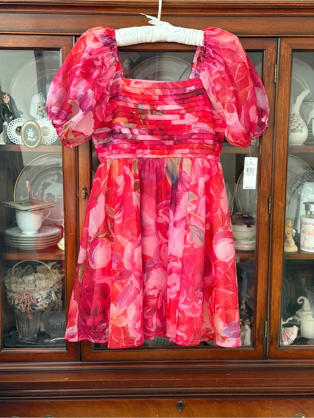 New Girls Dress Red & Pink Floral Puff-Sleeve Size 12